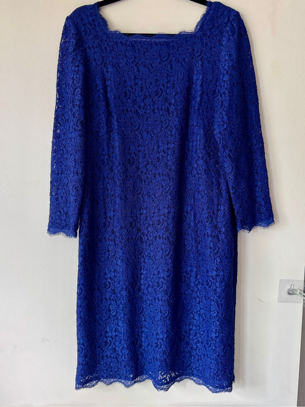 Adrianna Papell Cobalt Blue Lace Sheath Dress 3/4 Sleeve Scalloped Sz 16